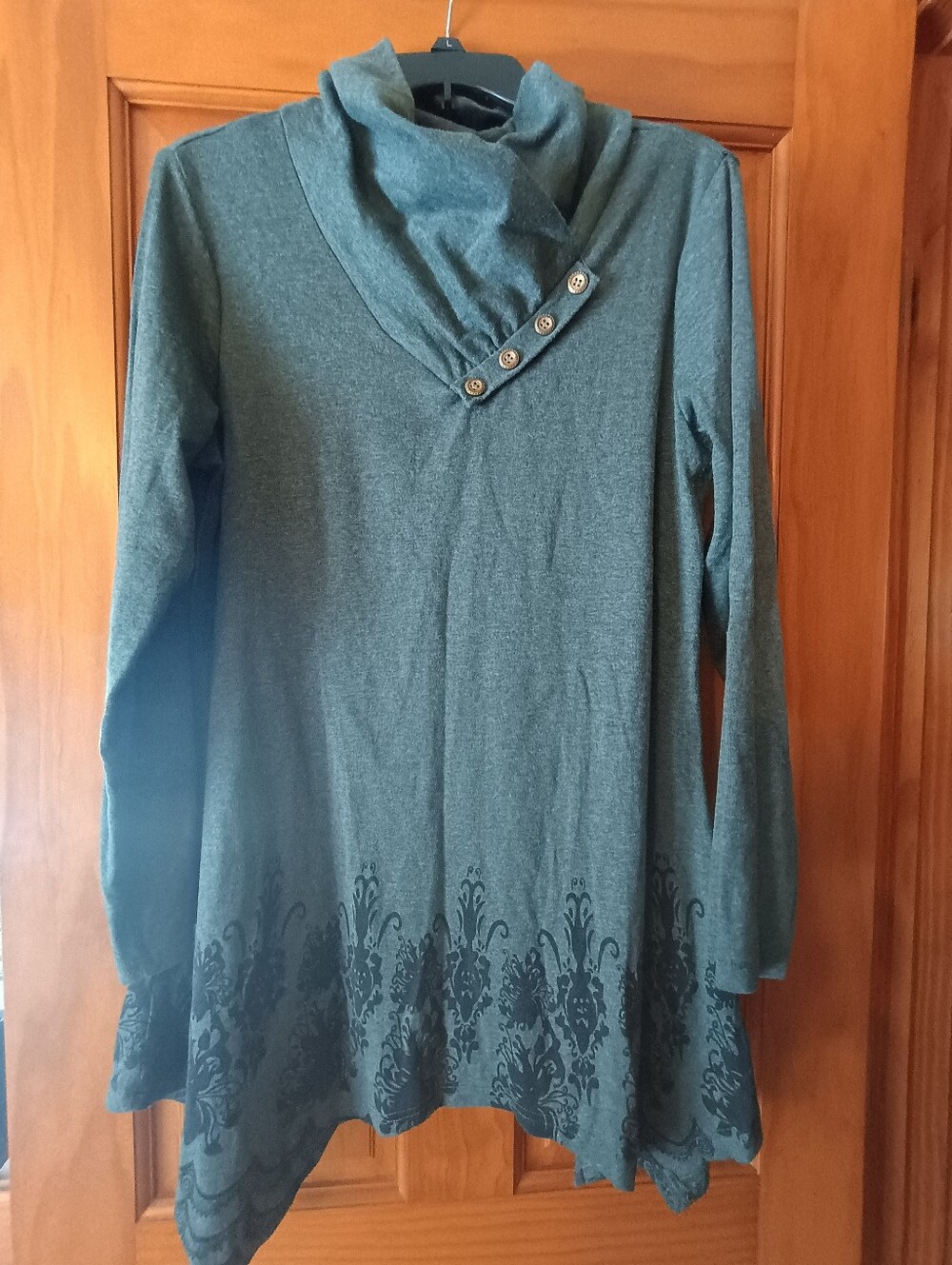 Long Sleeve Green Cowl Neck Sweater with Button Detail